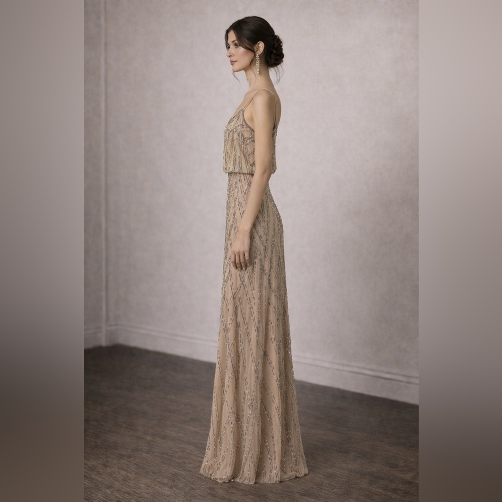 Adrianna Papell NWT SZ 4 Champagne Beaded Evening Gown Art Deco GALA MOB Formal - Picture 4 of 10